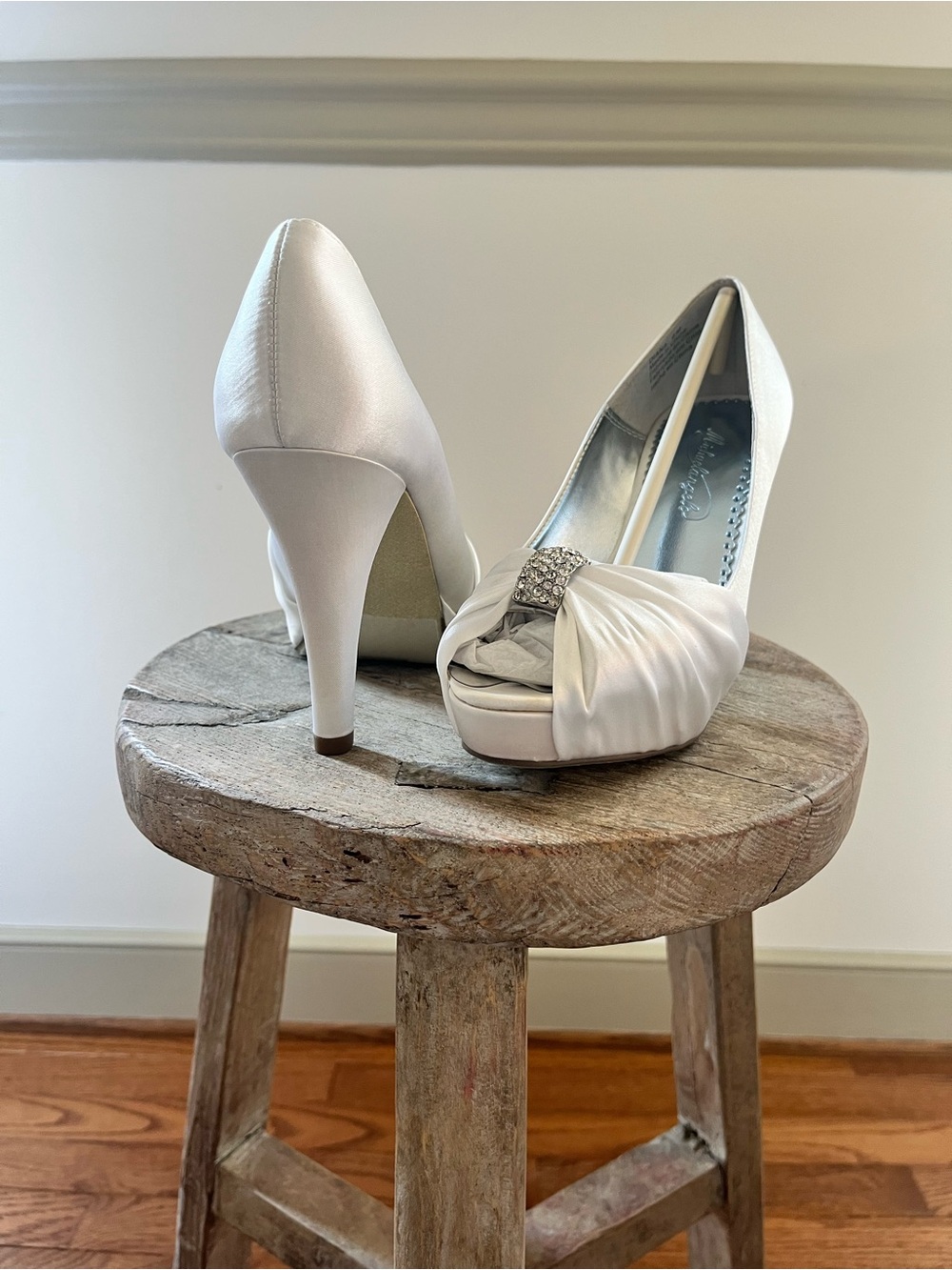 Michaelangelo White Satin Peep-Toe Heels with Rhinestone Detail - NIB